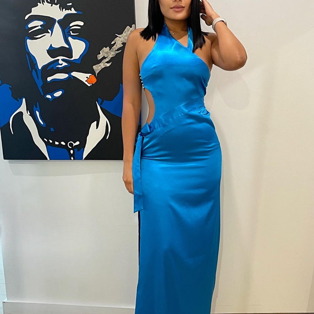 Sleek Teal Satin Maxi Dress